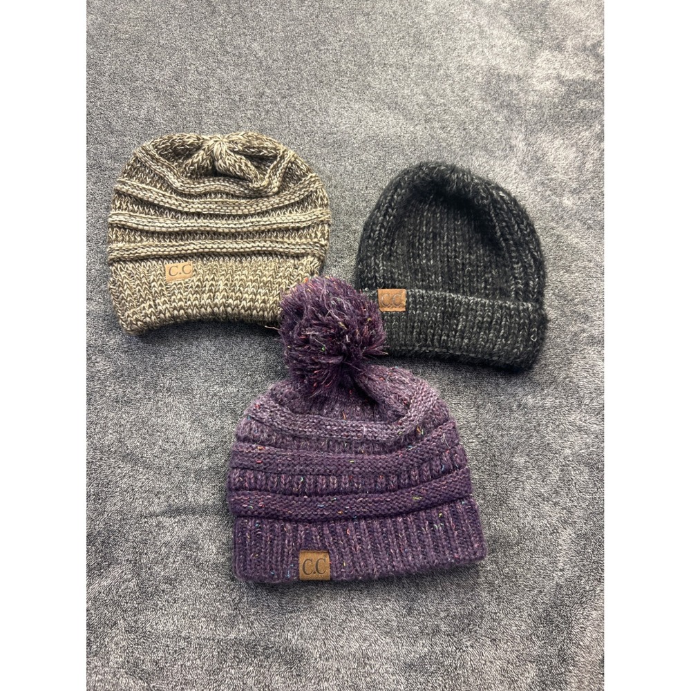CC Beanie Hat Bundle Set of 3 Purple Confetti Brown Charcoal Knit Pom Beanies